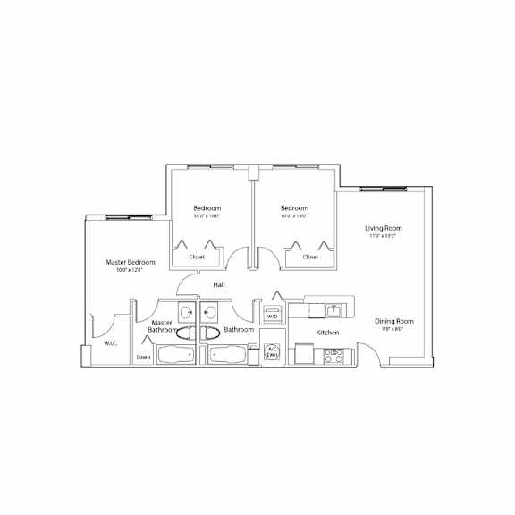 A floor plan of a house with two master bedrooms, two bathrooms, a living room, dining room, kitchen, and a hall.