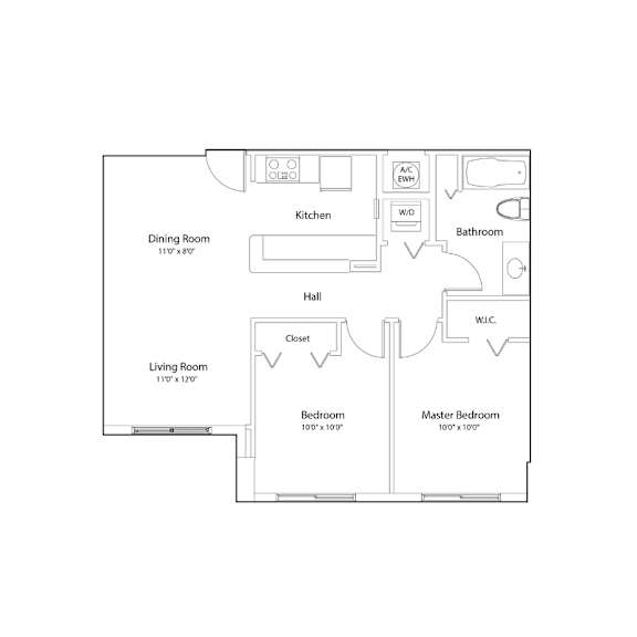 A floor plan of a house with a kitchen, living room, dining room, bathroom, hall, closet, and two bedrooms.