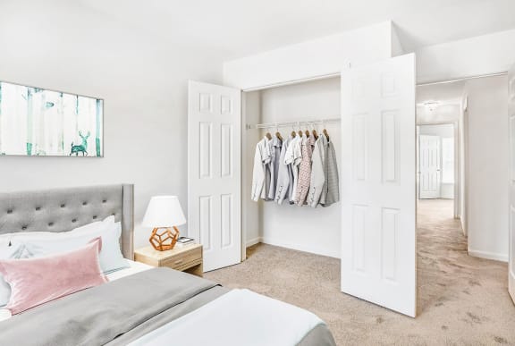 a bedroom with two closets and a bed