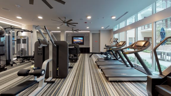 Fitness center area facing treadmills, weights, and other workout equipment.