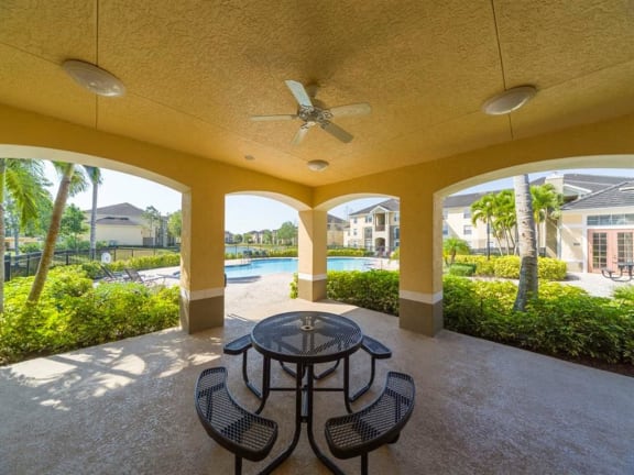 Outdoor Pavilion with Picnic Table and Ceiling Fan