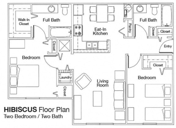 Two Bedroom Two Bathroom Floor Plan  982 Square Feet