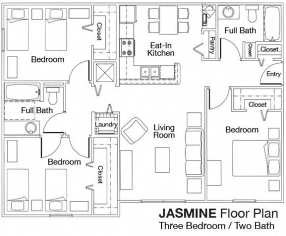 Three Bedroom Two Bathroom Floor Plan 1,144 Square Feet