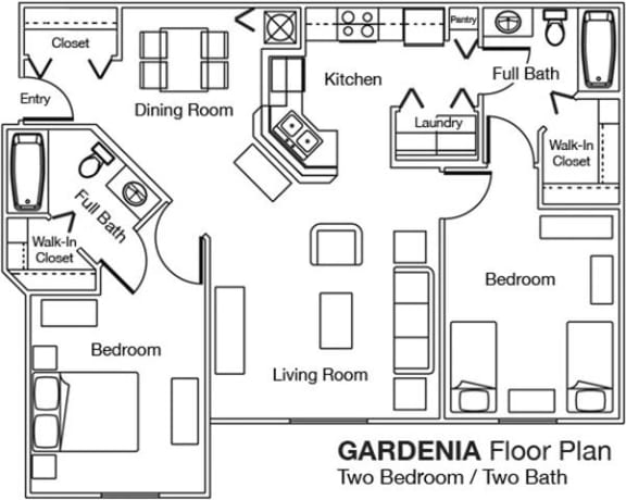 Gardenia Floor Plan with Two Bedrooms and Two Bathrooms