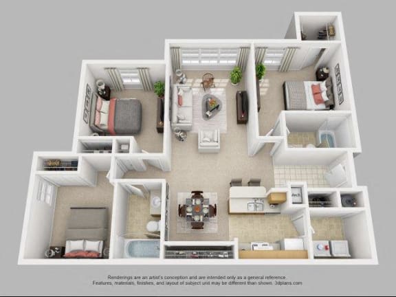 Three bedroom two bath 1244 sqft floor plan