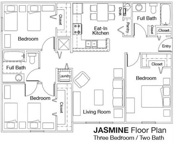 3 Bedroom 2 Bathroom Floor Plan Jasmine