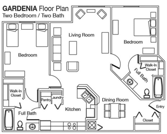 Gardenia Two Bedroom Two Bath 960 sqft Floor Plan
