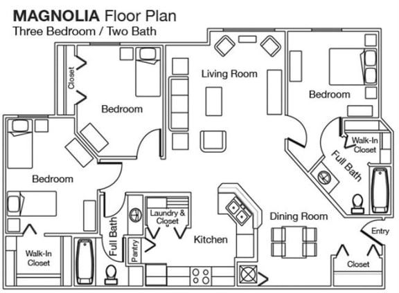 Madnolia Three Bedroom Two Bathroom 1132 sqft Floor Plan