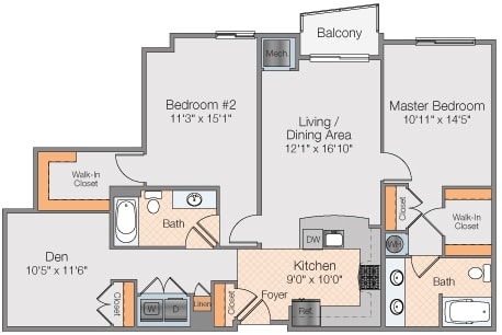 Floor plan 1 bed 1 bath with study