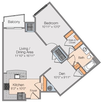 Floor plan 1 bed 1 bath with study