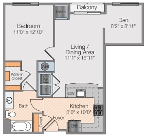 Floor plan 1 bed 1 bath with study