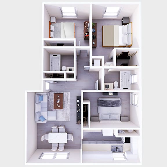 A series of images showing different layouts of a small apartment.