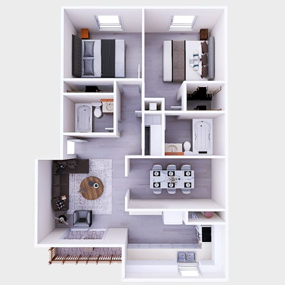 A top-down view of a small apartment with a kitchen, living room, and bathroom.
