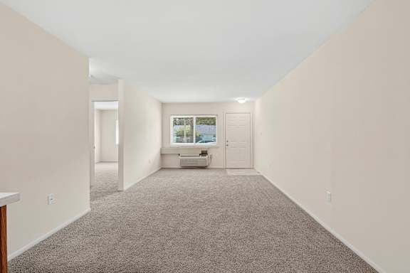 A room with a carpeted floor and a window.