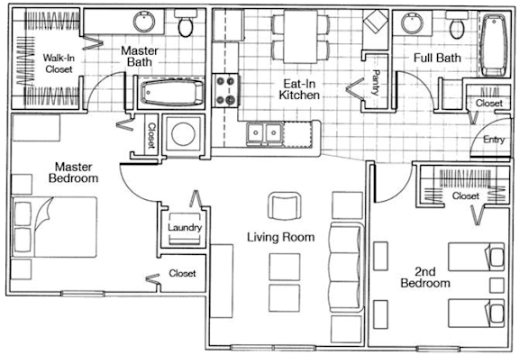A floor plan of a house with a master bedroom, a living room, and a second bedroom.