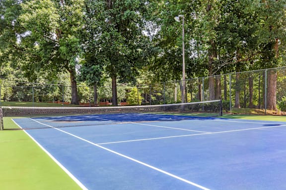 A blue tennis court surrounded by trees at Madison Southpark Apartment Homes, Charlotte, NC, 28226
