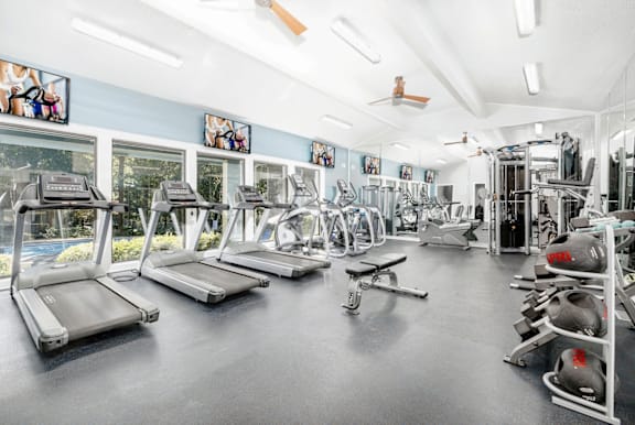 A gym with treadmills, weights, and exercise equipment at Madison Southpark Apartment Homes, Charlotte, 28226