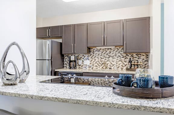 A kitchen with a marble countertop and a tray of blue mugs at Madison Southpark Apartment Homes, North Carolina