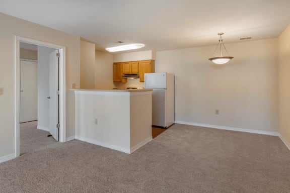 Carpeted Living Room Connected to Breakfast Bar off of Kitchen