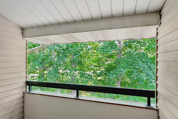 A balcony with a view of trees.