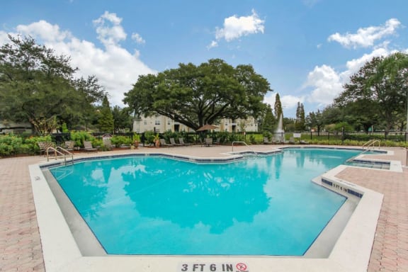 Fenced in Swimming Pool and Sun Deck with Lounge Chairs with Trees and Water Feature in the Background