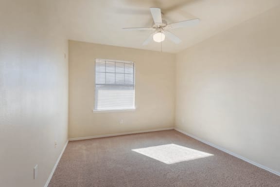 Bedroom with carpet, ceiling fan with light and window with mini blinds