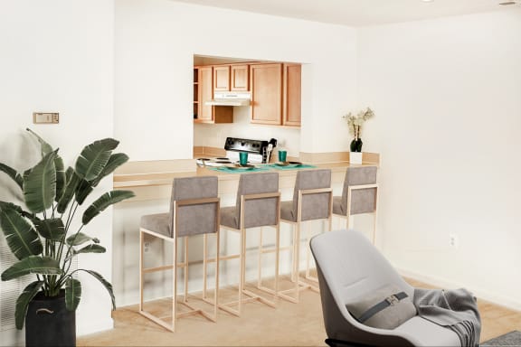 Virtually staged kitchen bar area with grey bar stools. Kitchen in background with white appliances and wood cabinets