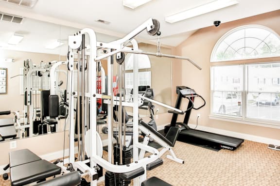 Fitness center with cardio equipment with large window and mirrored walls