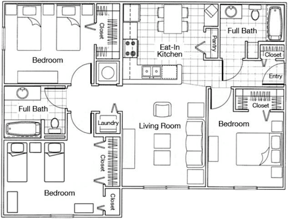 A floor plan of a house with a living room, two bedrooms, a bathroom, a kitchen, and a laundry area.
