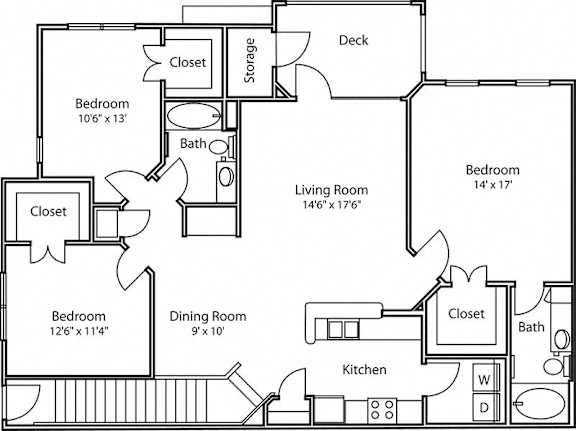 A black and white image of a house floor plan with a deck and a dining room.