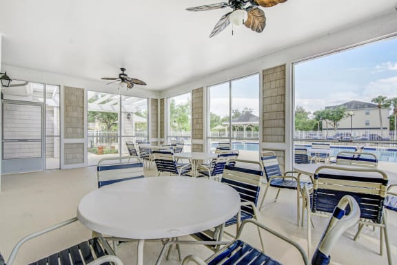 Screened in Lanai featuring ceiling fans with outdoor tables and chairs overlooking the pool deck