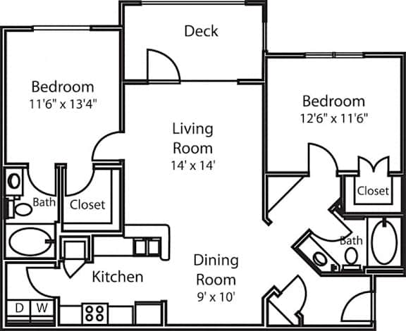 A black and white image of a floor plan for a house with two bedrooms, a living room, a kitchen, a dining room, a deck, and a closet.