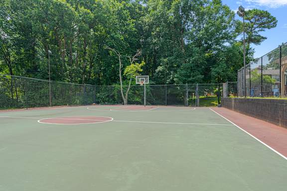A basketball court surrounded by trees and a fence.