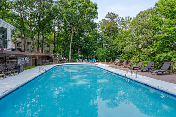 A large swimming pool surrounded by trees and lounge chairs.