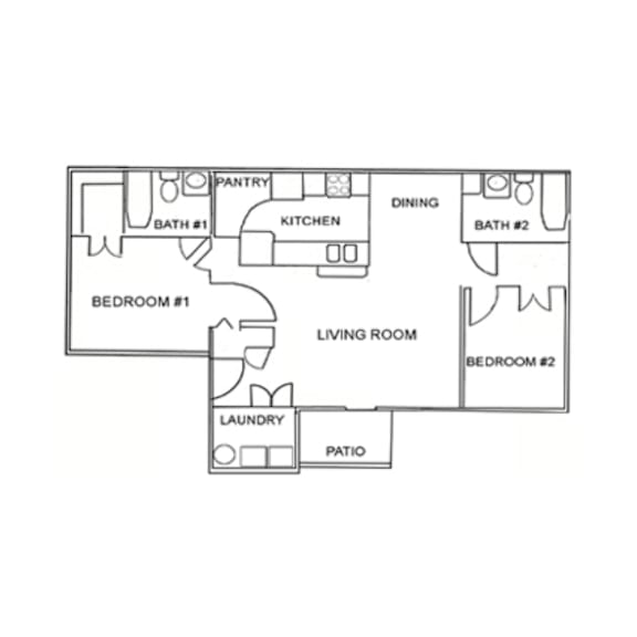 A floor plan of a house with two bedrooms, a living room, a kitchen, a dining room, a pantry, a laundry room, and two bathrooms.