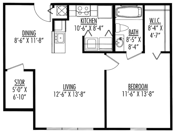 1 Bedroom 1 Bathroom Floor Plan-679 square feet