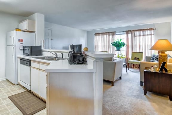 Model Living Room with Furniture and Kitchen with White Counters and Appliances and a Pass Through Breakfast Bar