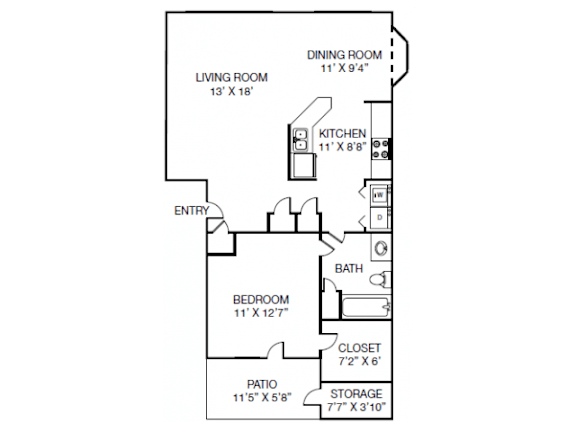A2 floor plan 1 Bed 1 Bath