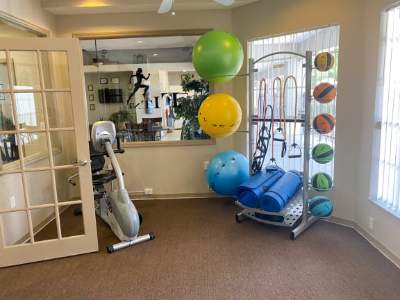Fitness center with yoga balls, medicine balls, yoga mats, and resistance bands, and stationary bike looking out into the leasing office