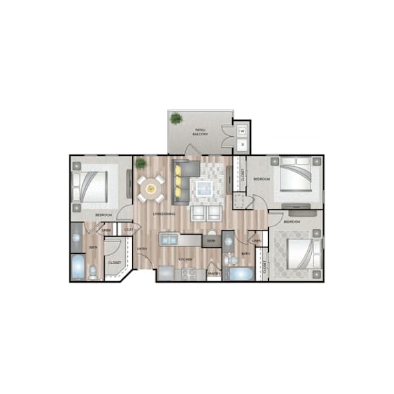 A floor plan of a house with a kitchen, living room, dining room, and bathrooms.