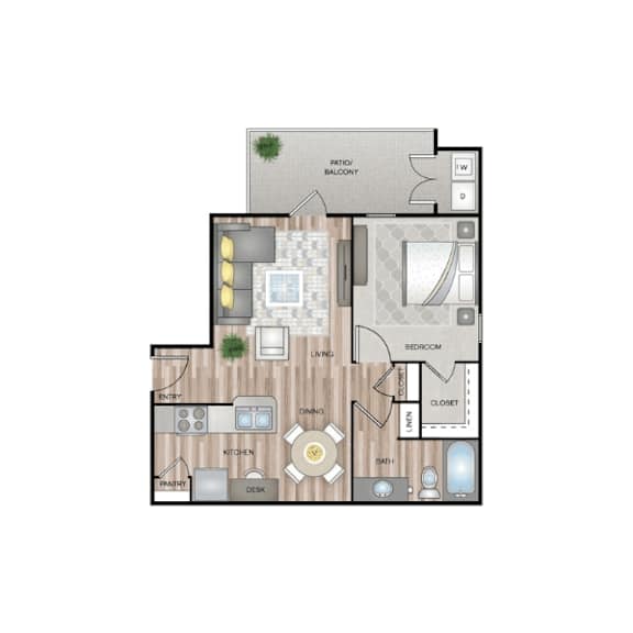 A floor plan of a house with a living room, kitchen, dining room, bedroom, and bathroom.