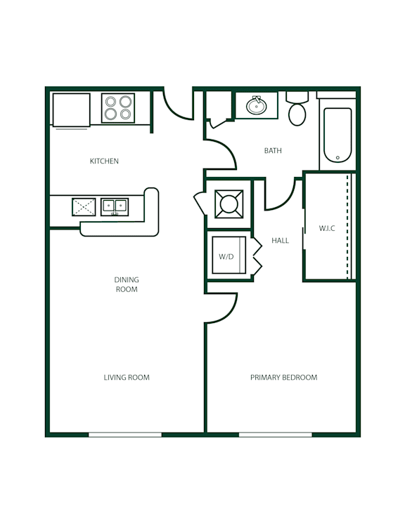 A floor plan of a house with a living room, dining room, kitchen, and two bedrooms.