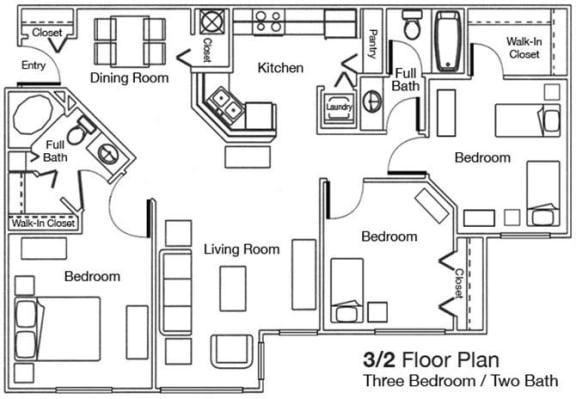 Three Bedroom Two Bathroom Floor Plan
