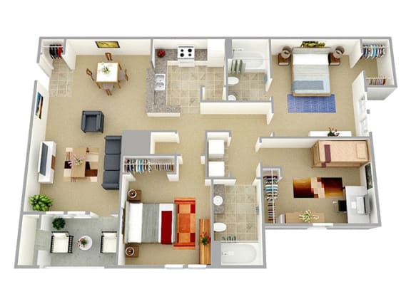 Three Bedroom Two Bath 1128 sqft Floor Plan at Crestview Apartments, Virginia