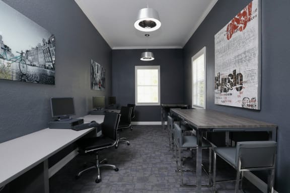 The Computer Lab is a long room painted in dark colors with artwork mounted on walls throughout. The left wall has a long counter with the computers placed on top. A small table and chairs are on the right wall.