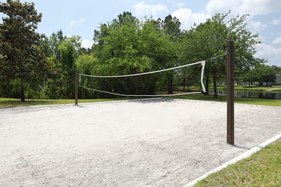 The Volleyball Court is a large sandy rectangle with net in the middle, surrounded by grass and trees.