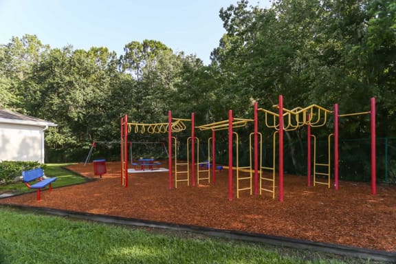 Outdoor playground monkey bar set surrounded by native landscaping