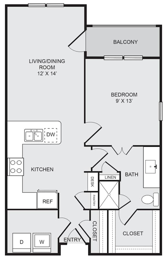 A floor plan of a small apartment with a living room, bedroom, kitchen, and bathroom.
