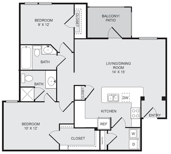 A floor plan of a house with two bathrooms, a living room, a kitchen, and three bedrooms.