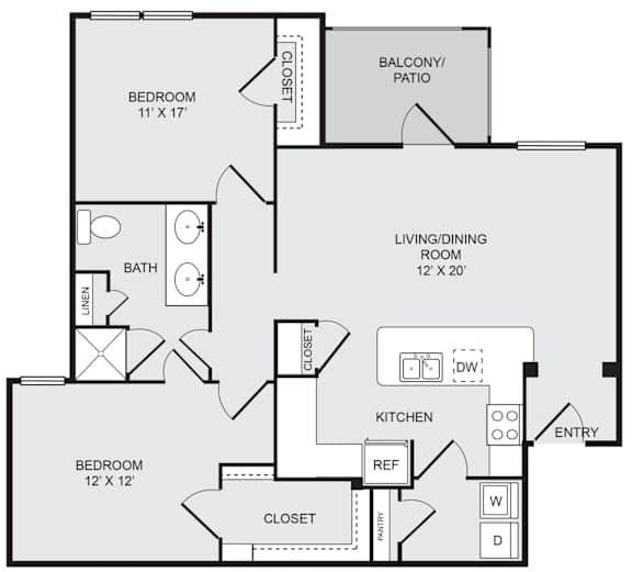 A floor plan of a house with two bedrooms, a living/dining room, a kitchen, a bathroom, and a balcony/patio.